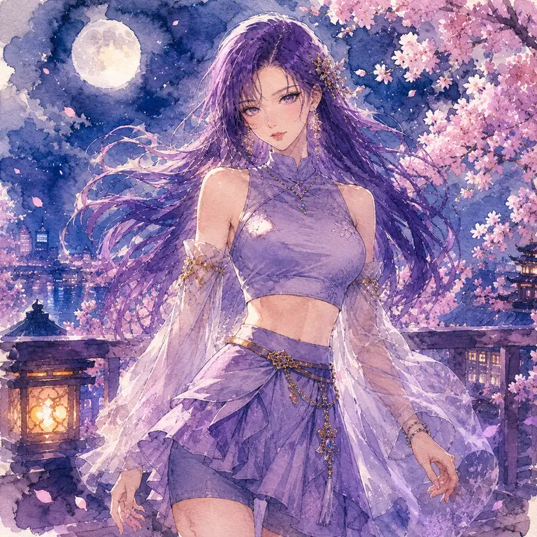 月夜花園人物圖: 水彩
